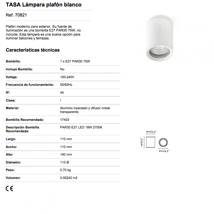 color blanco Plafón 75W aluminio inyectado y difusor de cristal transparente Faro Barcelona Tasa 70821 